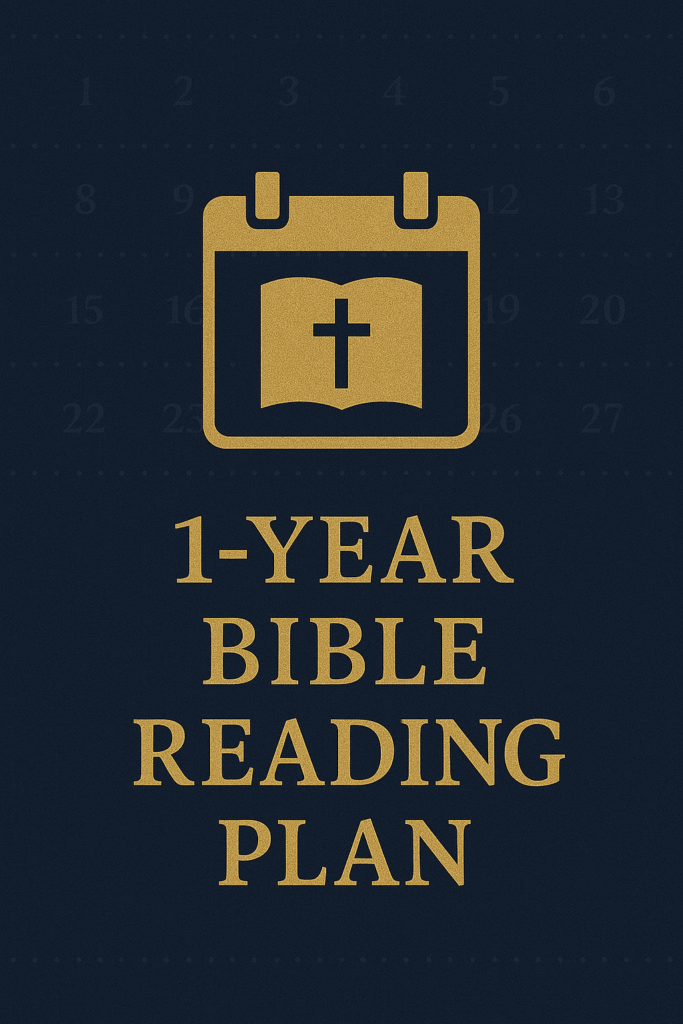 Book cover for "1-Year Bible Reading Plan" in navy and gold, with a gold calendar icon featuring a Bible and cross, gold serif title below, and a faint grid of numbers and dots in the background suggesting a yearly reading schedule.