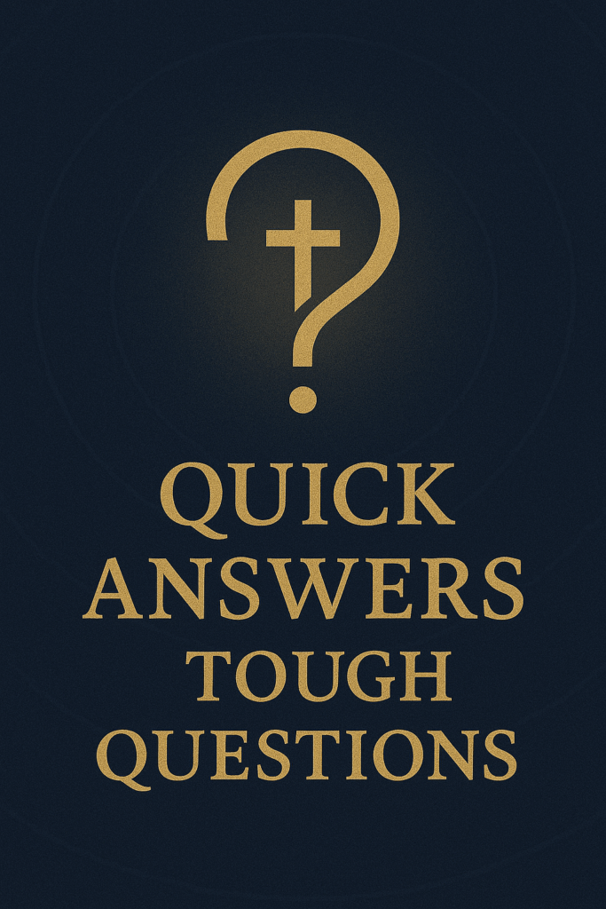 Book cover for "Quick Answers to Tough Questions" with a navy background, gold title, and a large gold question mark wrapping around a simple cross, with faint concentric circles and a soft golden aura for emphasis.