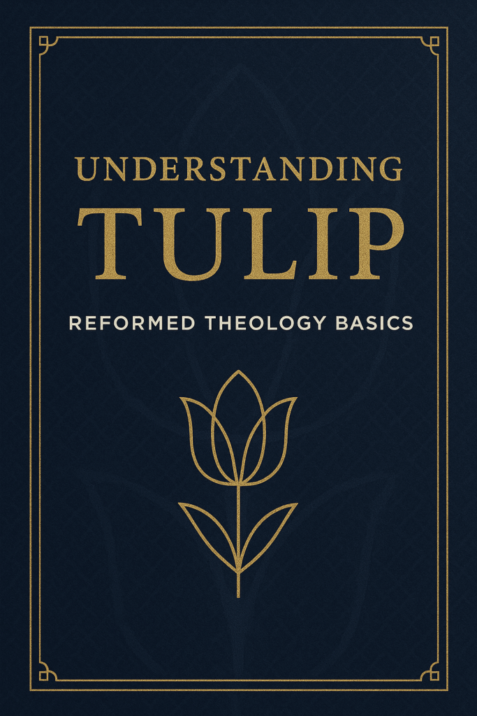 Book cover for "Understanding TULIP: Reformed Theology Basics" in navy and gold, featuring a clean gold outline of a five-petal tulip, with bold gold serif title and a subtle diamond pattern in the background, all framed by a gold border.